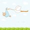 Baby arrival card with stork that brings a cute