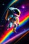 baby astronaut floating on the colorful space. little boy on space rainbow Galaxy. Kids Space Travel Milky way zero gravity.