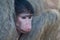 Baby baboon hiding in body of mother for safety
