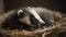 a baby badger is sleeping in a pile of hay and straw