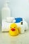 Baby bathing products, baby care, yellow rubber duck for playing in the bath.