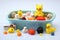 baby bathtub with rubber duckies and bath toys