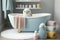 baby bathtub surrounded by towels and toiletries in modern bathroom