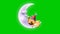 Baby bear cartoon sleeping ZZZ on moon  moon sleeping ZZZ  on green screen background.