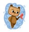 Baby Bear is friends with a butterfly. Funny comic little animal stands and smiles. Cute cartoon style. Childrens