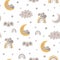 Baby bear pattern. Sweet dream. Sleeping koala bear on the moon, rainbows, clouds, stars. Scandinavian kids texture