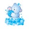Baby bear is washing illustration. Lovely blue bear cub with a washcloth and bubbles.