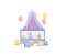 Baby in a bed under a tabby canopy. Little girl in the playpen, decorated with pink balloons and colorful pillows. It`s a girl