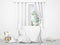 Baby bedroom with a cradle in front of a window with white curtains