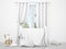 Baby bedroom with a cradle in front of a window with white curtains