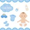 Baby birth card vector illustration flat. Cute newborn kids boy