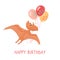 Baby birthday card. A cute pteranodon is flying with balloons and wearing heart-shaped sunglasses. Funny vector postcard