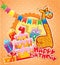 Baby birthday card with girafe, big cake and gift boxes.