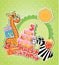 Baby birthday card with girafe and zebra, big cake