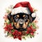 Baby black dog with santa hat and poinsettia flower watercolor. Christmas Baby dog illustration. For banners, posters, advertising