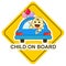 Baby on board sign, happy baby holding balloon in the car