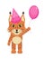 Baby bobcats in a pink cap with a pink bouncy ball in the foot. Greeting card for birthday girls