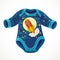 Baby bodysuit with a picture of cartoon rocket flying against the background of the moon and the starry sky isolated on white
