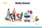 Baby boom landing page with group of happy mothers with infant kids in strollers walk in park