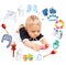 Baby boy and accessories for children in a circle around