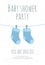 Baby boy arrival and shower invitation template with pair of pink toddler socks hanging on pins.
