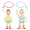 Baby boy and baby girl with speech bubbles