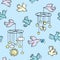 Baby boy blue seamless pattern with flying birds carrying mobiles. Vector