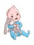 Baby boy. Cute infant hugging rabbit toy, smiling toddler in blue clothes sitting. Happy child vector isolated