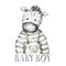 Baby boy. cute zebra. watercolor illustration. portraits of cute animals. poster for the nursery.