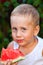 Baby boy eats a piece of ripe red watermelon. Happy childhood in the summer in the backyard. Caucasian boy enjoys an outdoor