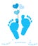 Baby boy foot prints with hearts balloon vector greeting card