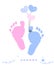 Baby boy and girl foot prints with hearts balloon vector greeting