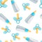 Baby boy newborn seamless pattern. Pacifiers and baby feed bottles . Motherhood and childhood vector icons background.