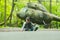 Baby boy in pilot helmet with glasses on asphalt road