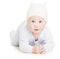 Baby Boy Portrait, Little Kid Crawling In Wolen Hat, Child Isolated Over White Background