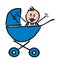 Baby boy in the pram, funny illustration, doodle, vector icon