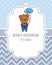 Baby boy shower card. . Cute bear with heart-shaped balloons