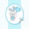 Baby boy shower card. Rabbit with heart shaped balloon