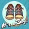 Baby boy shower congratulations vector postcard. Baby announcement in blue. It`s a boy with children shoes in circle.