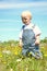 Baby boy standing in dandelions