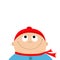 Baby boy wearing red hat and scarf. Kid face looking up. Cute cartoon character. Funny head with eyes, nose, smiling mouth. Hello
