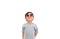 Baby boy wearing a telescope glasses and looking up over white background isolated. Kid and adventure concept