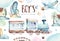 Baby boys world. Cartoon airplane and waggon locomotive watercolor illustration. Child birthday set of plane, and air