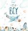 Baby boys world. Cartoon airplane and waggon locomotive watercolor illustration. Child birthday set of plane, and air