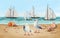 Baby bright colorful background with sea, sky, beach, sailboats, seagulls, shells.