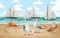 Baby bright colorful background with sea, sky, beach, sailboats, seagulls, shells.