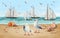 Baby bright colorful background with sea, sky, beach, sailboats, seagulls, shells.