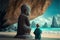 Baby buddhist monk praying in front of buddah statue illustration generative ai