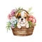 Baby Bulldog Puppy in Flower Basket. Cute puppy in basket watercolor illustration