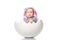 Baby in a bunny costume in egg on white background. Kinder Surprise. Cute little baby in egg shell. children`s party